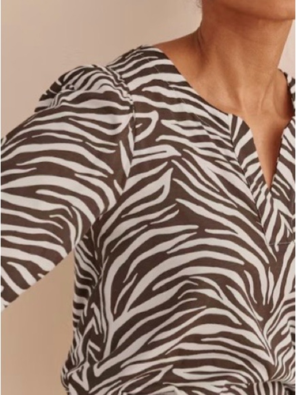 J. Jill Zebra-Print Split V-Neck Blouse in Brown and White